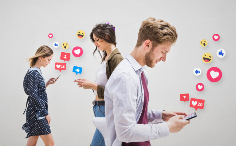 Professionals interacting with social media engagement icons